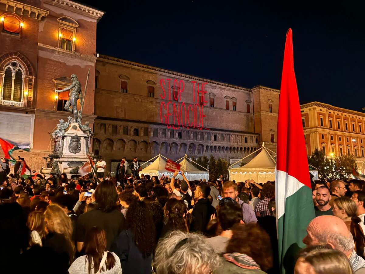 Une manifestation a eu lieu sur la place principale de Bologne le 24 septembre 2025, deux jours après la grève nationale de l'Italie, et après que la Flotilla Global Sumud a été attaquée pour la deuxième fois.